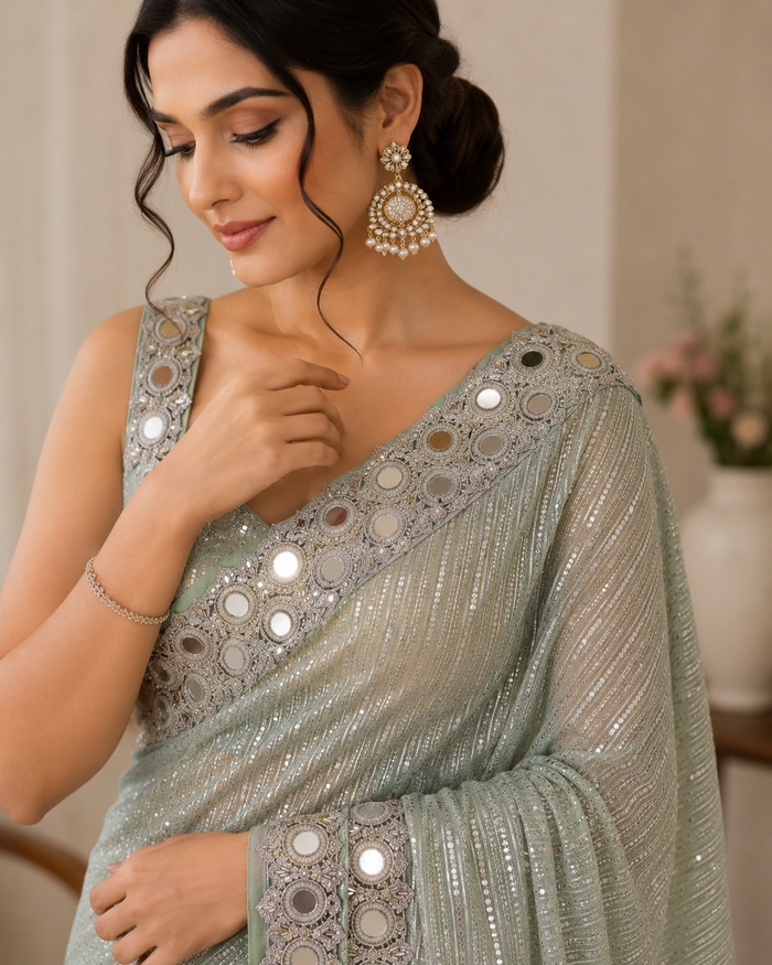 Green Georgette Mirror Work Saree