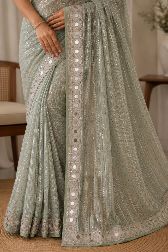 Green Georgette Mirror Work Saree