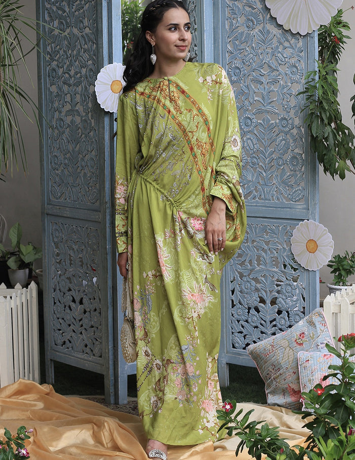 Bagh Drape Green Moroccan Satin Silk Festive Dress