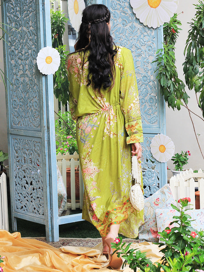 Bagh Drape Green Satin Silk Festive Dress for women
