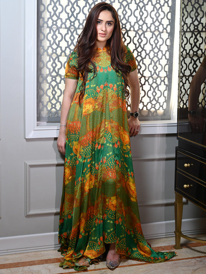 Bahaar Green Moroccan Satin Silk Dress detail