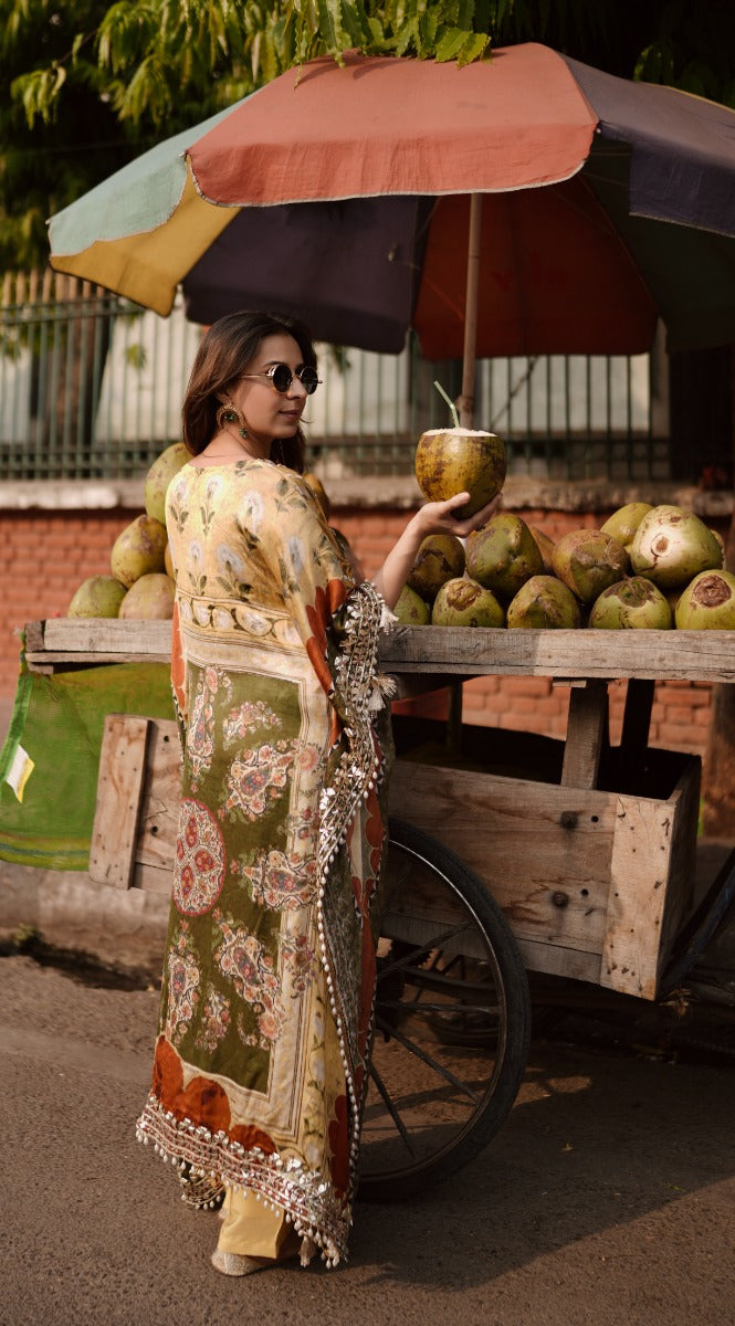 Street Side Nariyal Green Moroccan Silk Kaftan front view