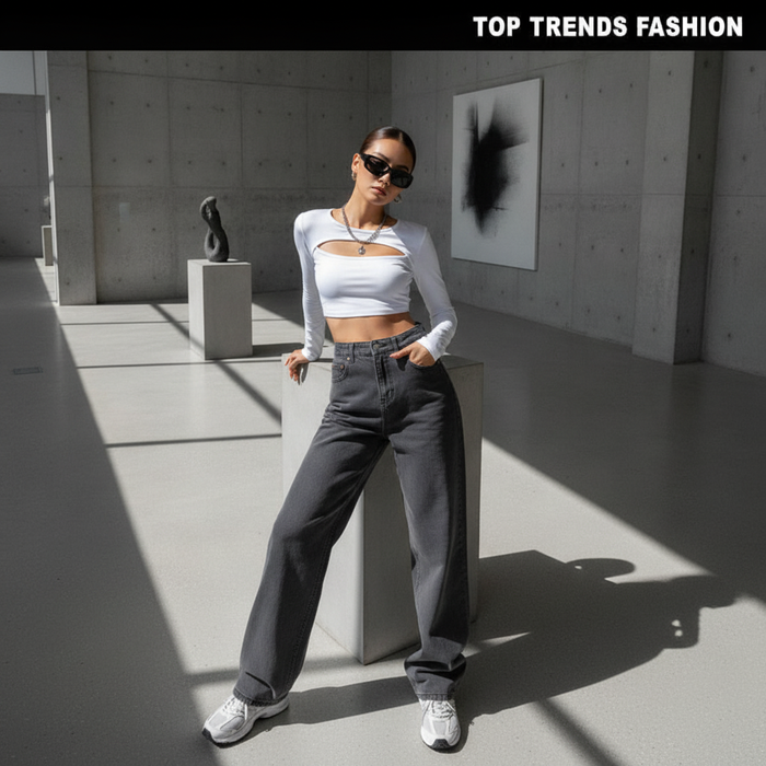 Jean droit taille haute gris-noir pour femme - Mode coréenne