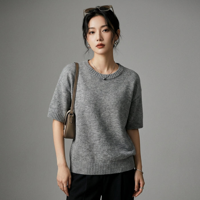 Pull tricoté gris à col rond et manches courtes pour femme - Koreanxwear - Taille S
