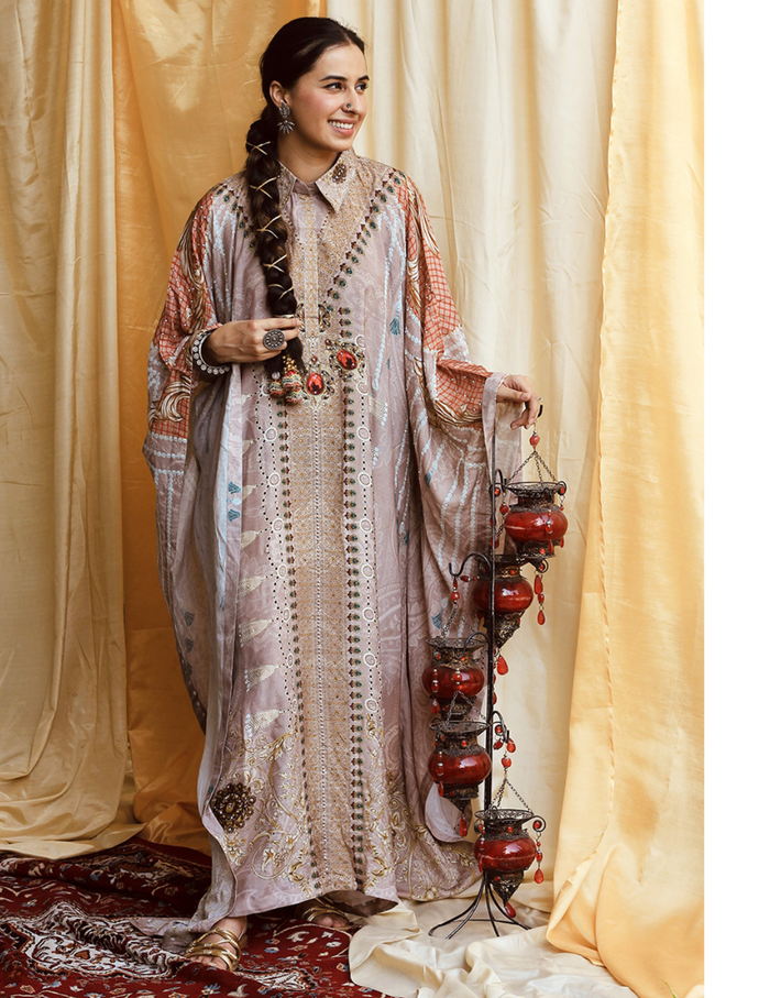 Ghazala Grey Moroccan Satin Silk Festive Dress