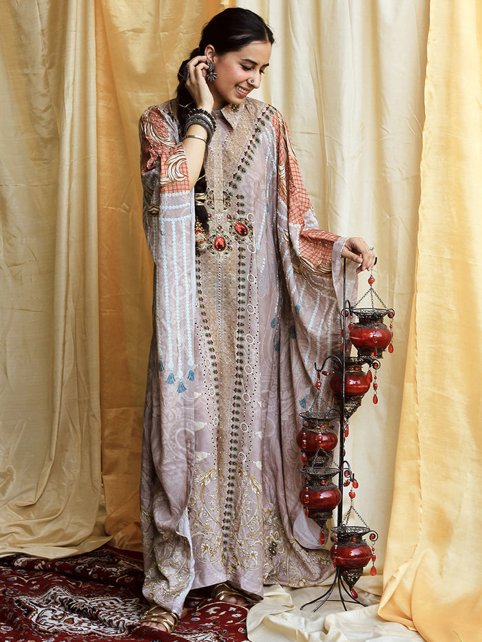 Ghazala Grey Moroccan Satin Silk Dress detail
