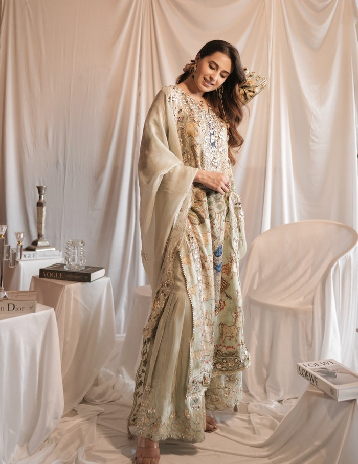 Paro Grey Moroccan Silk Kurta Pant Dupatta Set