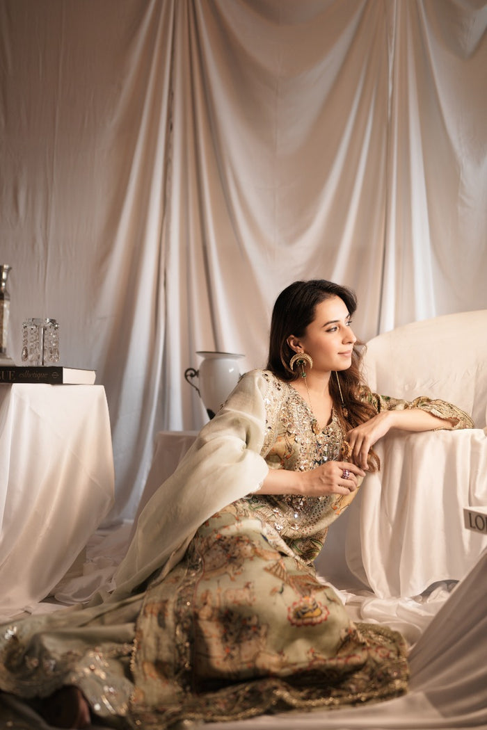 Paro Grey Moroccan Silk Kurta Pant Dupatta Set | Kurti Singapore