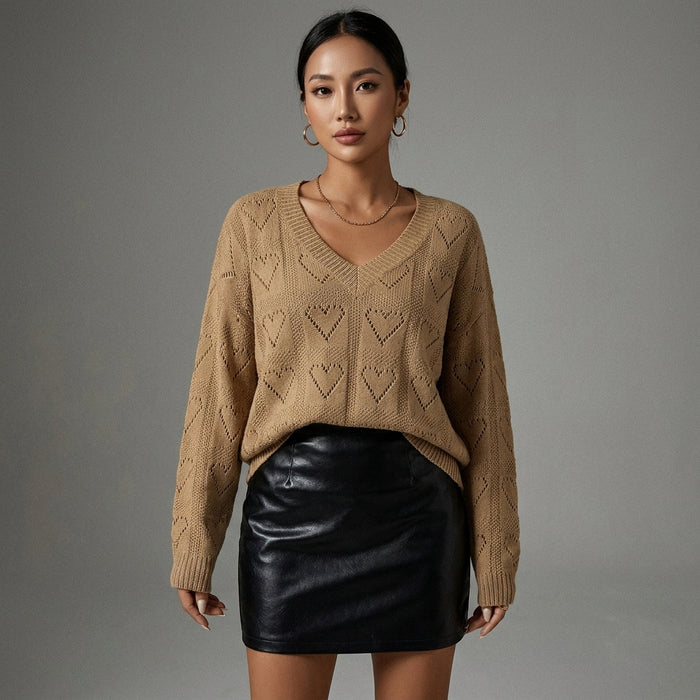 Pull femme col V motif cœur couleur caramel - Koreanxwear - Taille S