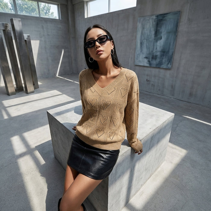 Pull femme col V motif cœur couleur caramel - Koreanxwear
