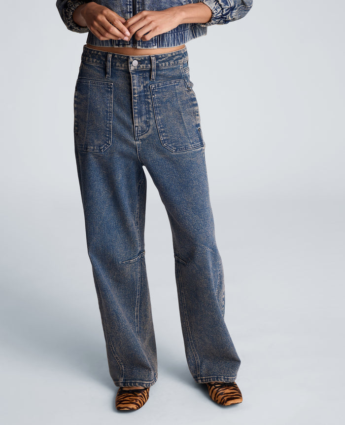 High Rise Fly Front Barrel Jeans with Patch Pockets