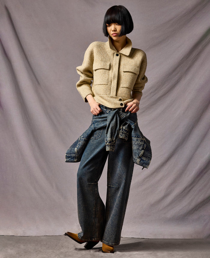 High Rise Fly Front Barrel Jeans with Patch Pockets