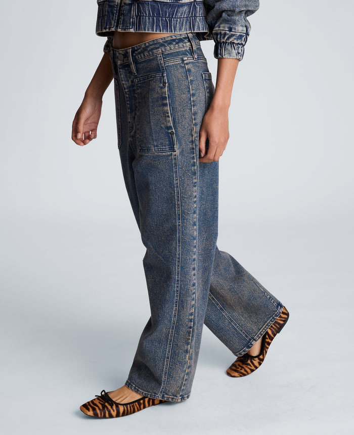 High Rise Fly Front Barrel Jeans with Patch Pockets