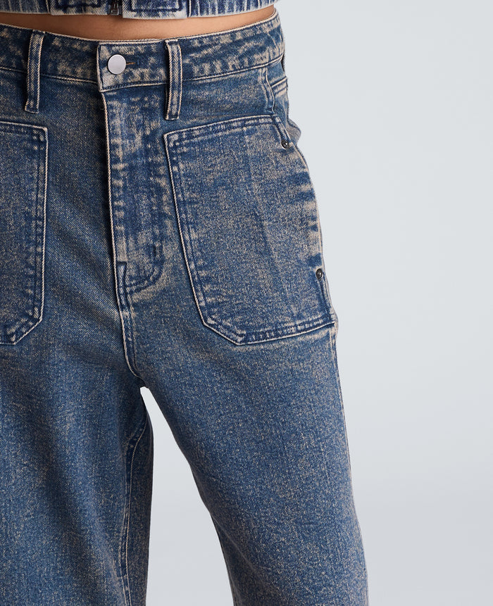 High Rise Fly Front Barrel Jeans with Patch Pockets