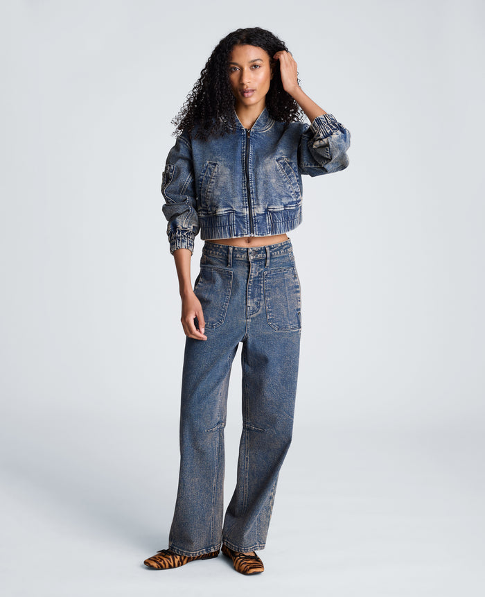 High Rise Fly Front Barrel Jeans with Patch Pockets