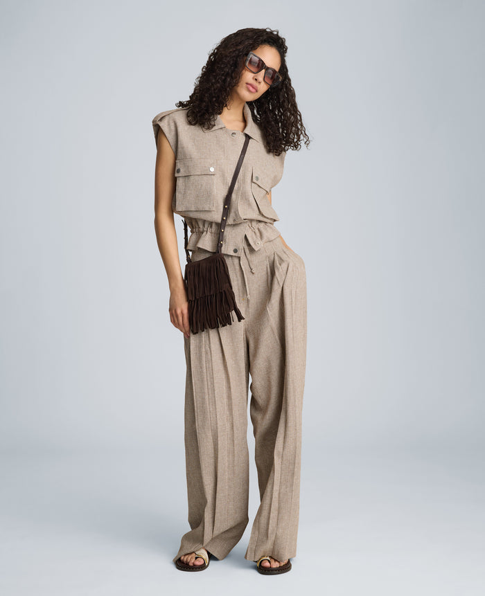 High Rise Fly Front Wide Leg Triple Pleat Pant