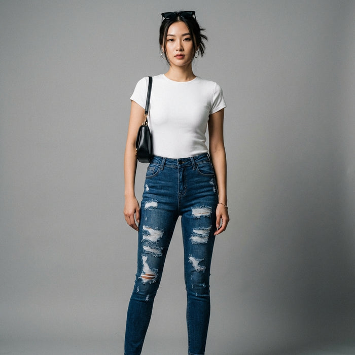 Jean slim taille haute bleu délavé pour femme - K-fashion - Taille S