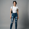 Jean slim taille haute bleu délavé pour femme - K-fashion - Taille S