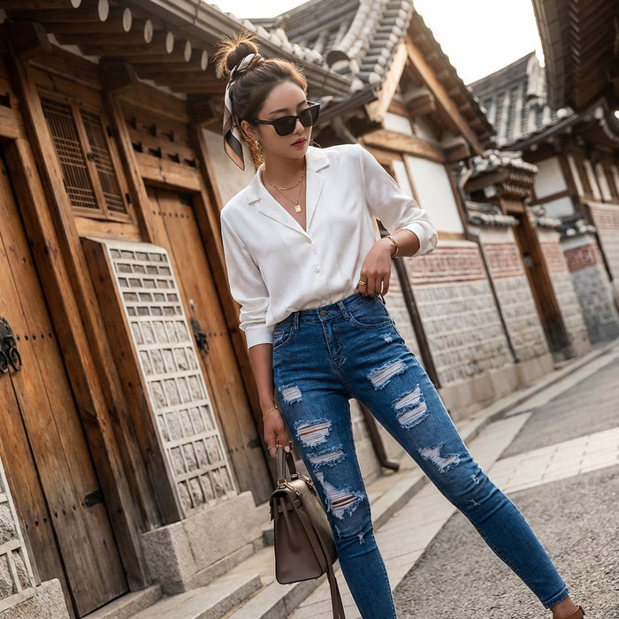 Jean slim taille haute bleu délavé pour femme - K-fashion