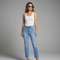 Jean slim effiloché bleu taille haute femme - Koreanxwear - Taille S