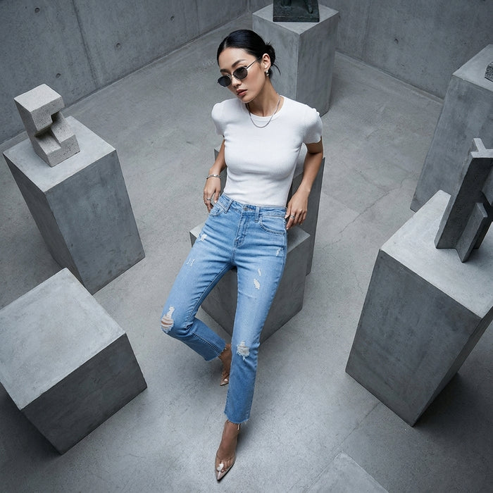 Jean slim effiloché bleu taille haute femme - Koreanxwear