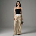 Pantalon large femme taille haute avec détails dentelle kaki - Koreanxwear - Taille S
