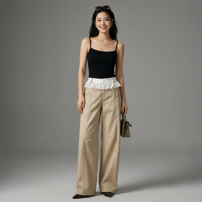 Pantalon large femme taille haute avec détails dentelle kaki - Koreanxwear - Taille S
