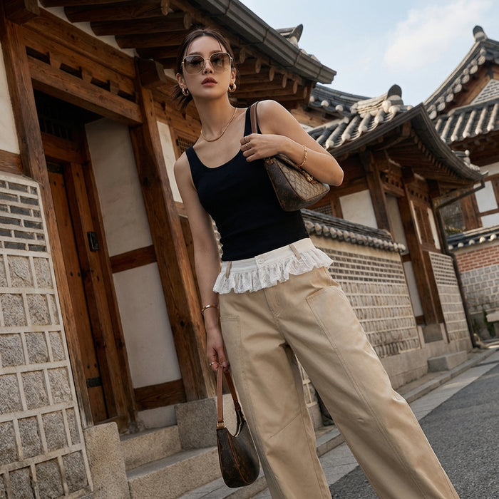 Pantalon large femme taille haute avec détails dentelle kaki - Koreanxwear