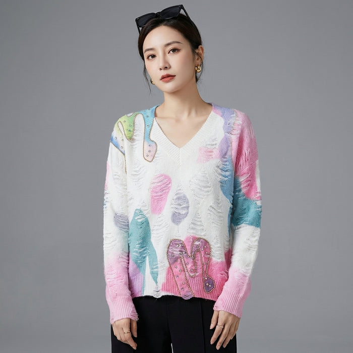 Pull beige col V losanges creux - K-fashion coréenne - Taille S
