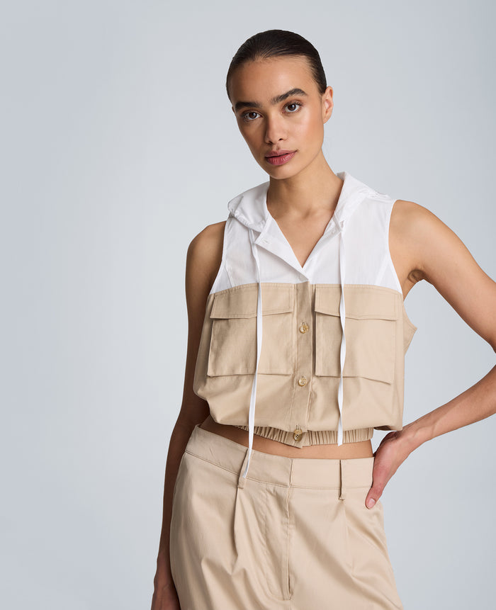 Hooded Sleeveless Button Front Top with Bubble Body