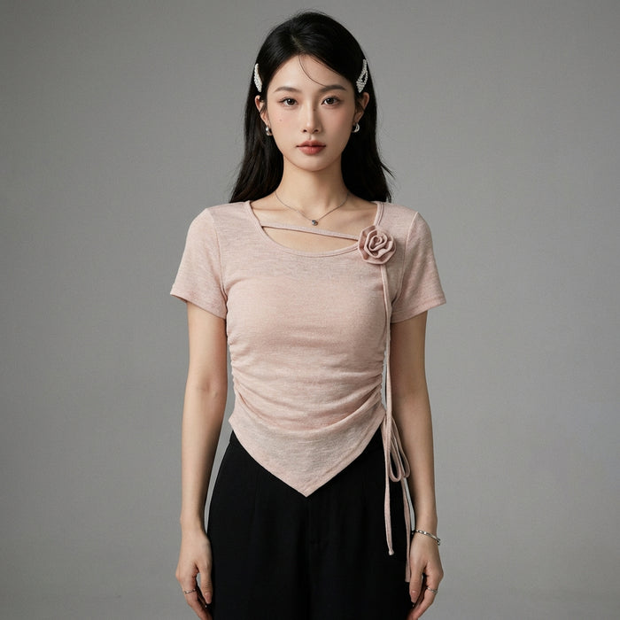 T-shirt femme col V irrégulier manches courtes - K-fashion - Taille S