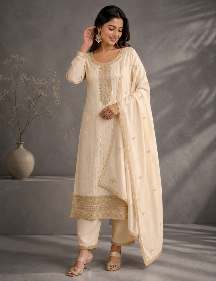 "An ivory embellished silk blend straight suit set featuring intricate detailing and a graceful dupatta, showcased against a simple grey background in an elegant side-profile pose."