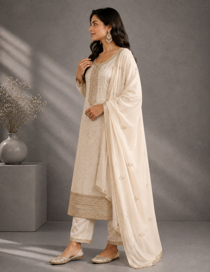 "An ivory embellished silk blend straight suit set featuring intricate detailing and a graceful dupatta, showcased against a simple grey background in an elegant side-profile pose."