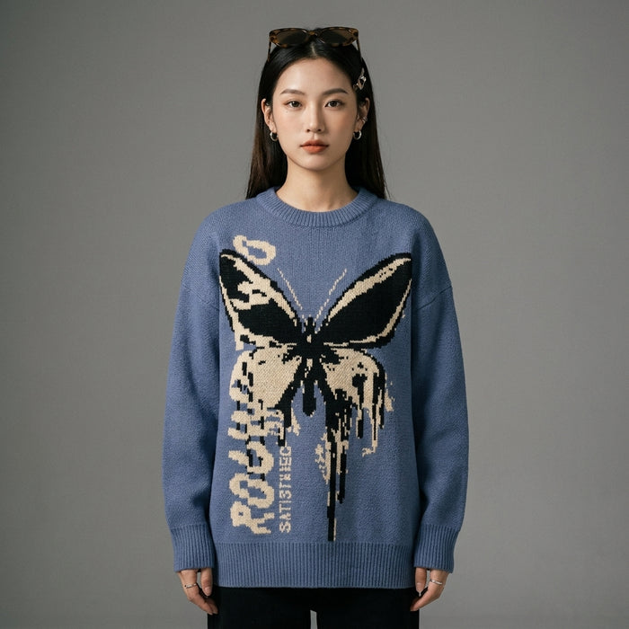 Pull jacquard ample motif papillon noir et bleu - Koreanxwear - Taille M