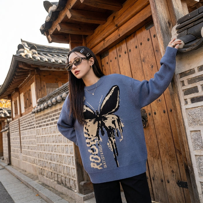 Pull jacquard ample motif papillon noir et bleu - Koreanxwear