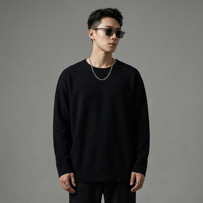 Pull col rond jacquard noir coupe ample pour homme - Koreanxwear - Taille S