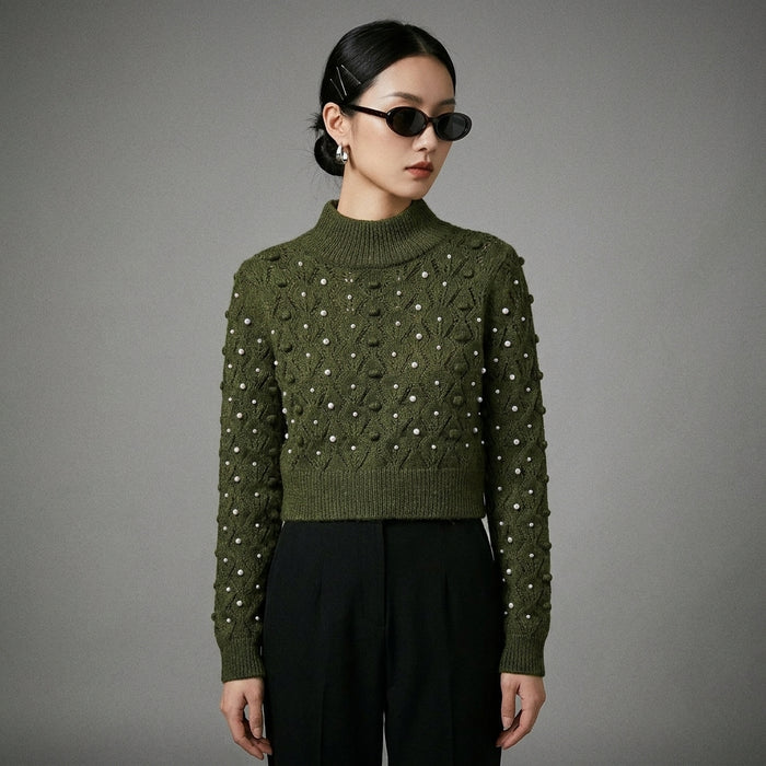 Pull tricoté dos nu vert avec perles - Koreanxwear - Taille S