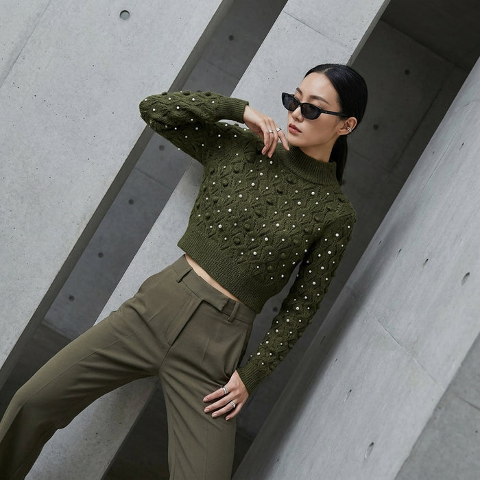 Pull tricoté dos nu vert avec perles - Koreanxwear