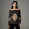 Pull tricoté col bateau à carreaux - Koreanxwear - Taille S