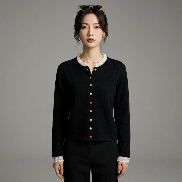 Cardigan tricoté femme avec boutons colorés et bordure dentelle, style K-fashion doux - Taille One Size