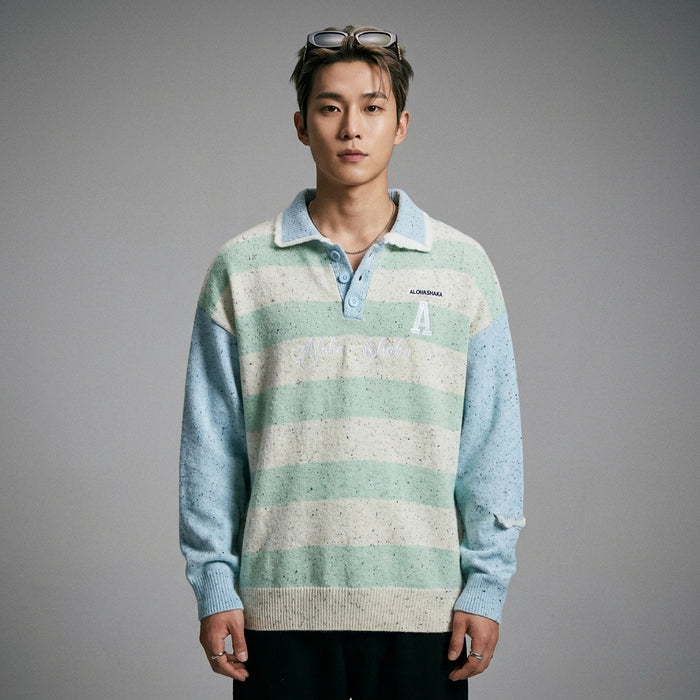Pull tricoté col polo homme bleu rouge - Koreanxwear - Taille M