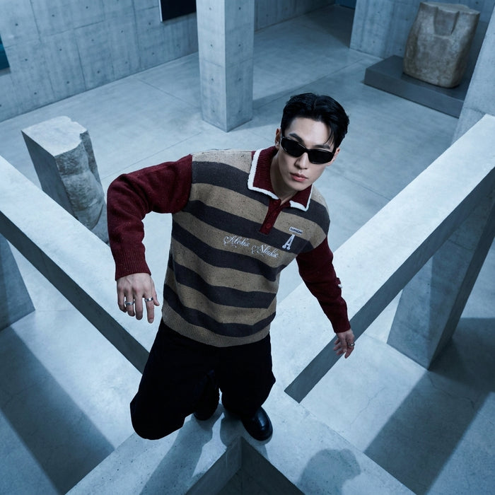 Pull tricoté col polo homme bleu rouge - Koreanxwear