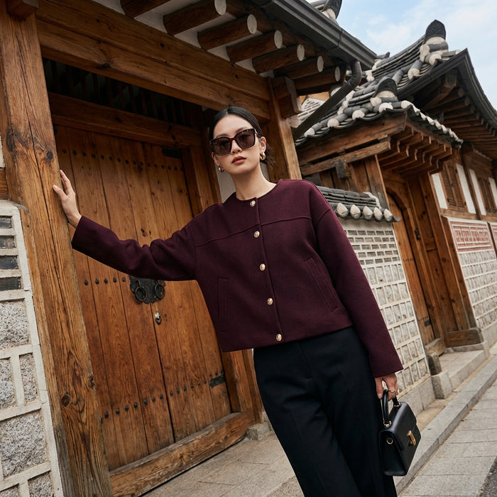 Cardigan tricoté col rond bordeaux femme - Koreanxwear