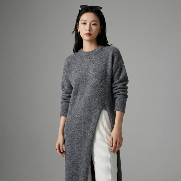 Robe pull tricotée grise à fente haute, style K-fashion décontracté. Koreanxwear. - Taille Oen  size