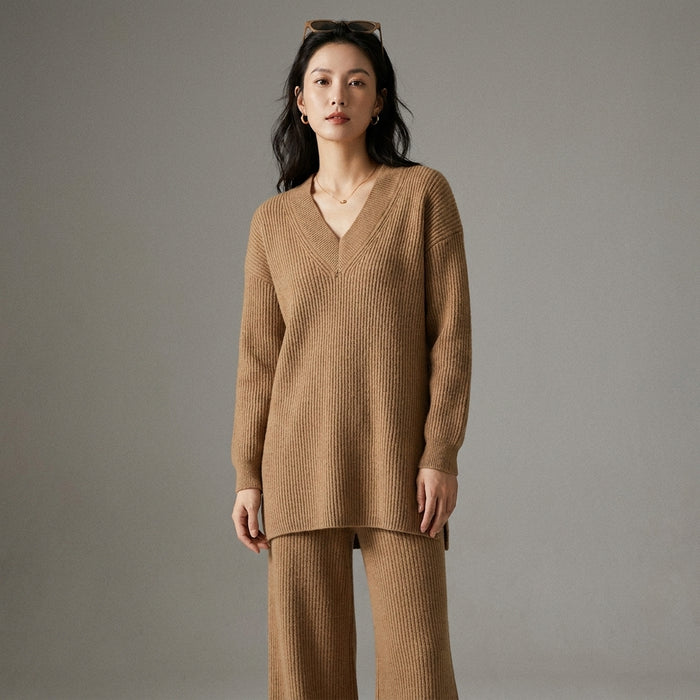 Ensemble tricoté pull col V et pantalon large pour femme - Koreanxwear - Taille One Size