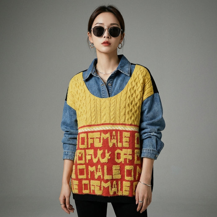 Pull en maille ample col revers imprimé lettre pour femme - K-fashion hivernal - Taille One Size