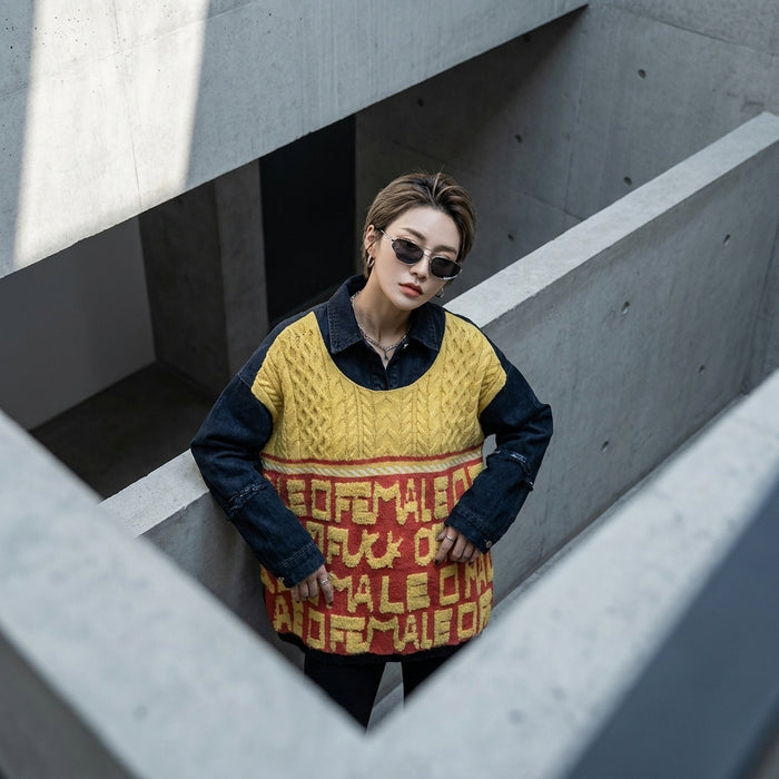 Pull en maille ample col revers imprimé lettre pour femme - K-fashion hivernal