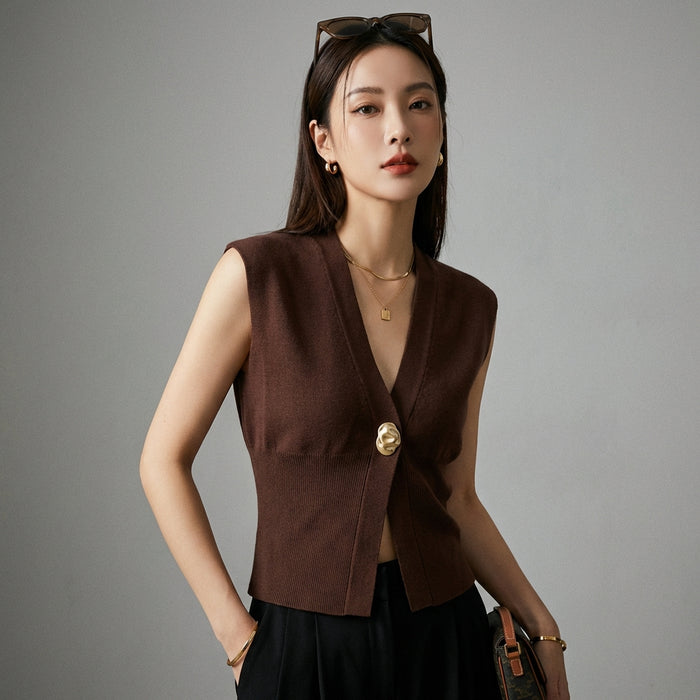 Gilet pull tricoté noir col V boutonné K-fashion - Taille XS
