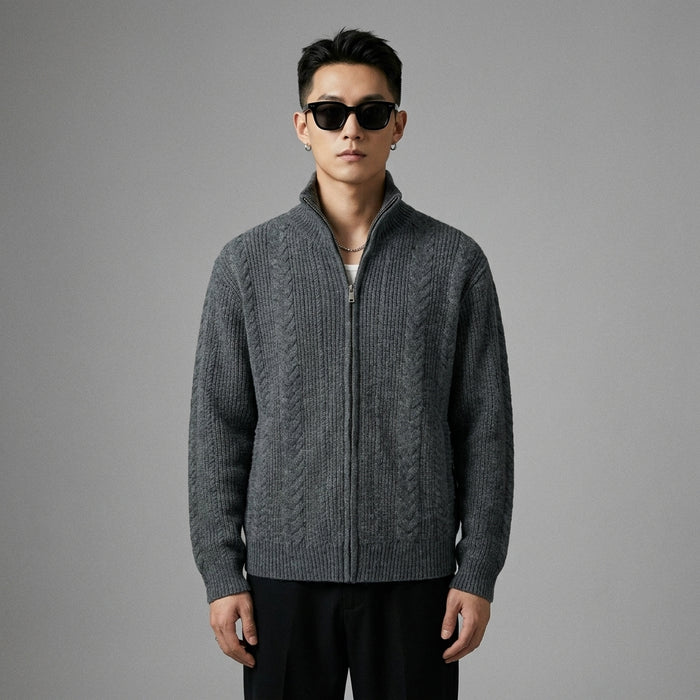 Pull zippé col montant tricoté gris foncé - Koreanxwear - Taille M