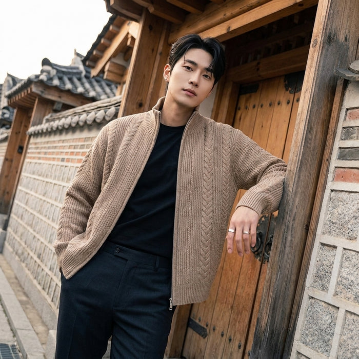Pull zippé col montant tricoté gris foncé - Koreanxwear